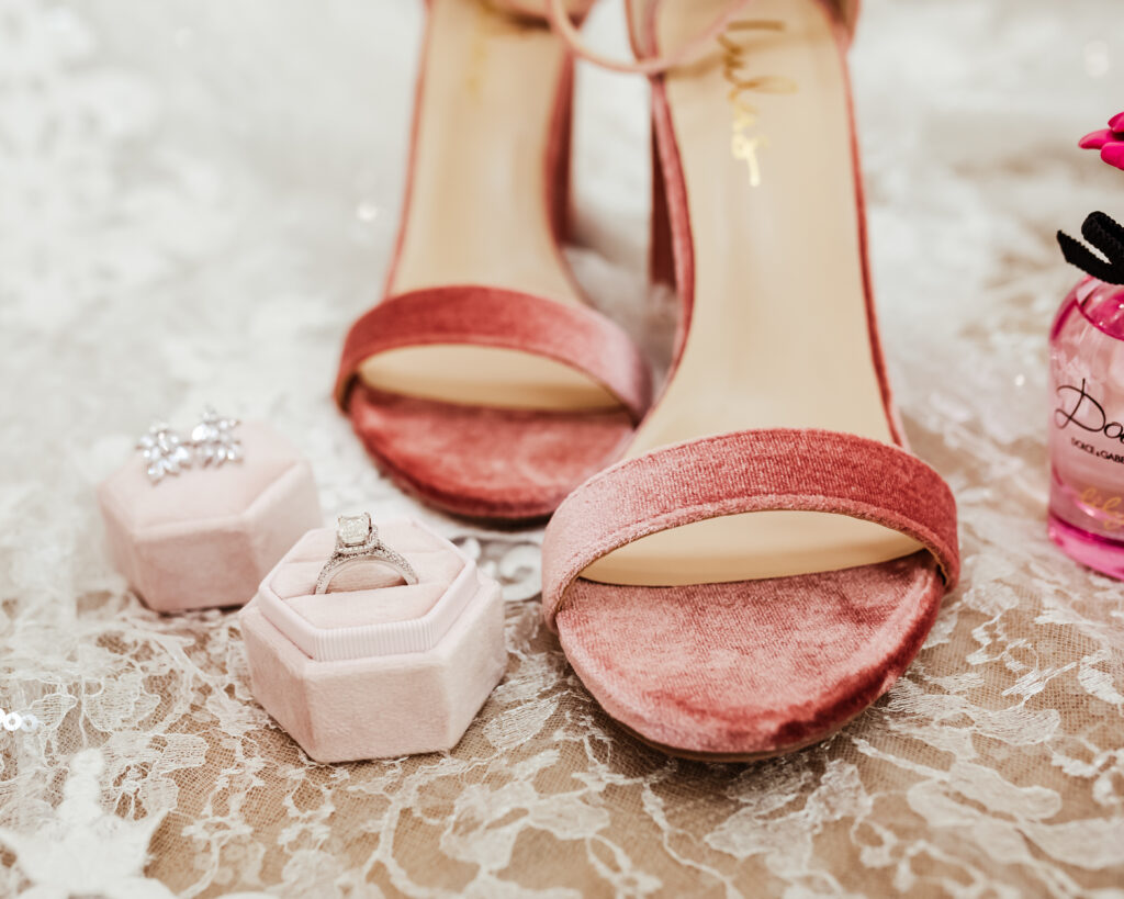 wedding ring and brides shoes